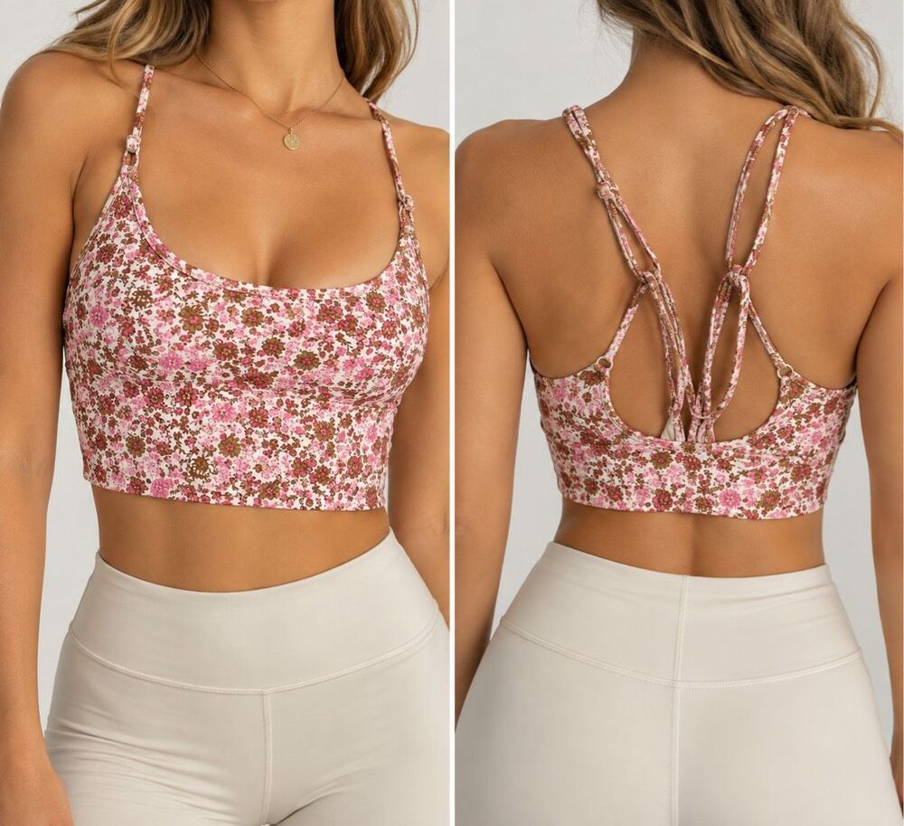 JoyLab Floral Longline Sports Bra Small Pink Brown Strappy Yoga Crop Top